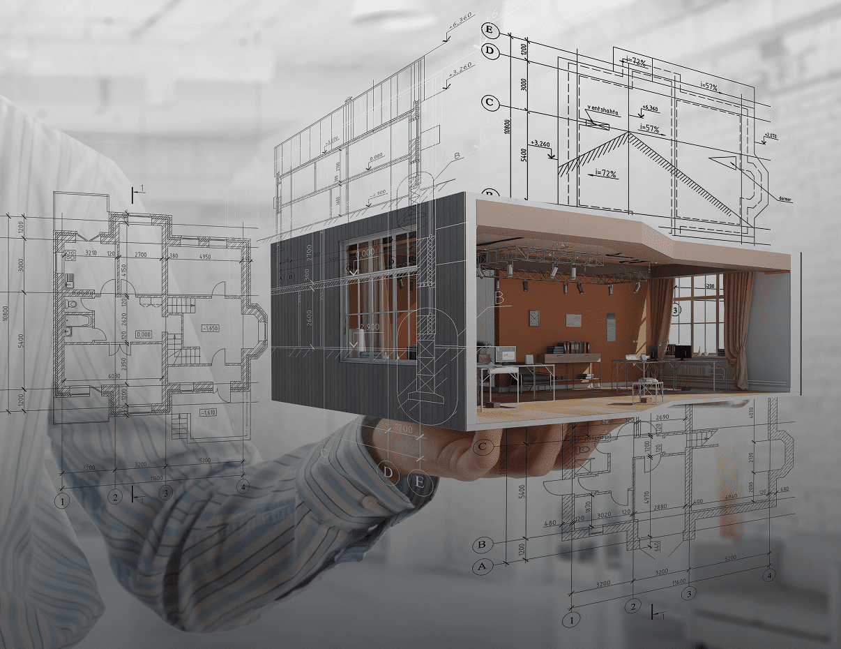 A person holds a 3D architectural model of a modern room, superimposed with technical floor plans and construction drawings.