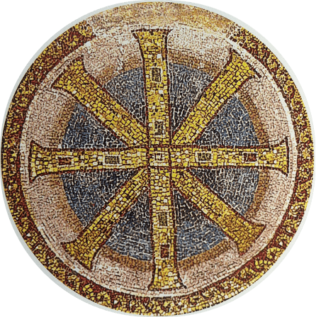 Golden Chi-Rho mosaic on circular background.
