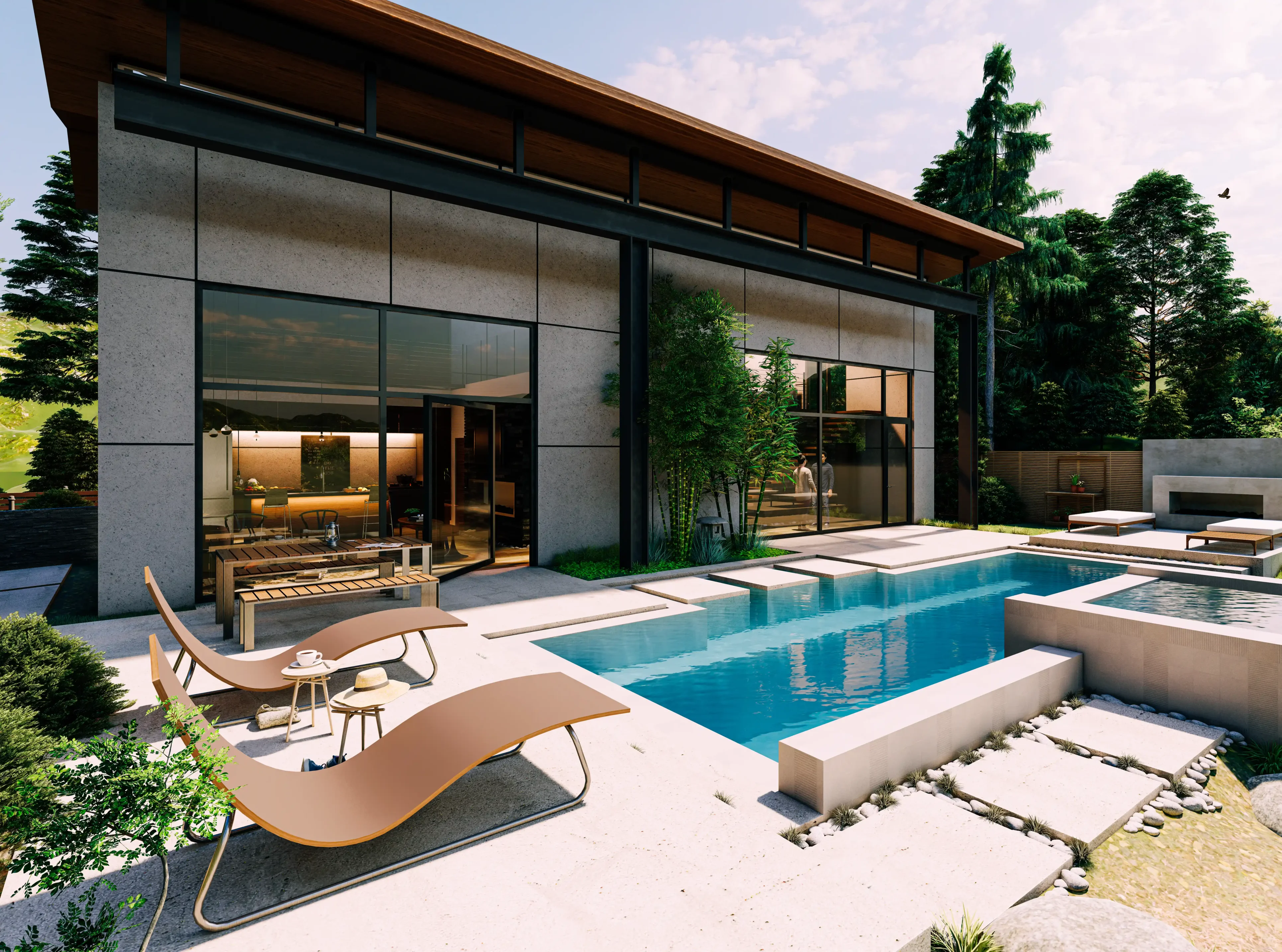 Modern house with a sleek pool and lounge chairs in the backyard.
