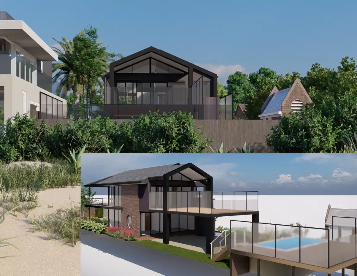 Modern beach house with large glass windows and wooden deck by the water.