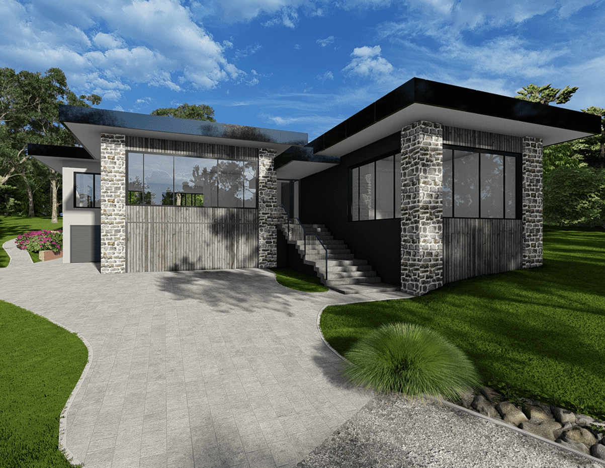 Modern house with stone facade and large windows under a clear blue sky.