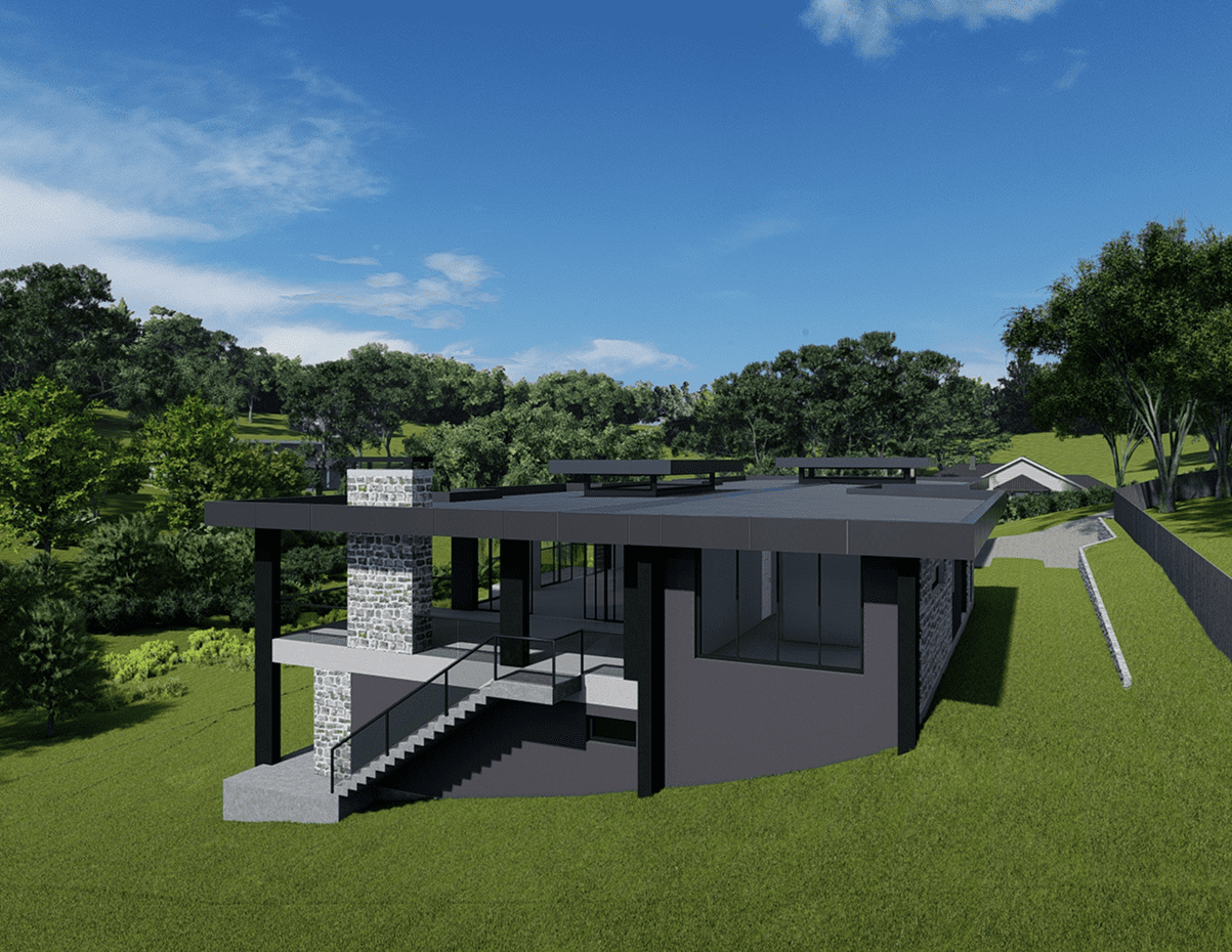 Modern single-story house with dark exterior and large windows surrounded by greenery.