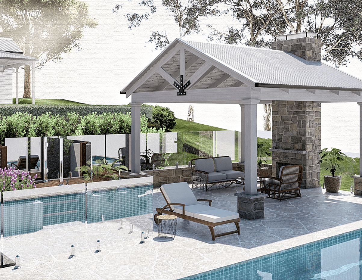 Luxurious outdoor pool area with lounge chairs and a shaded gazebo.