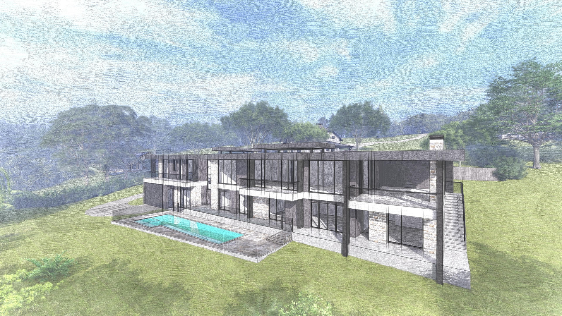 Modern two-story house with large glass windows and a pool.