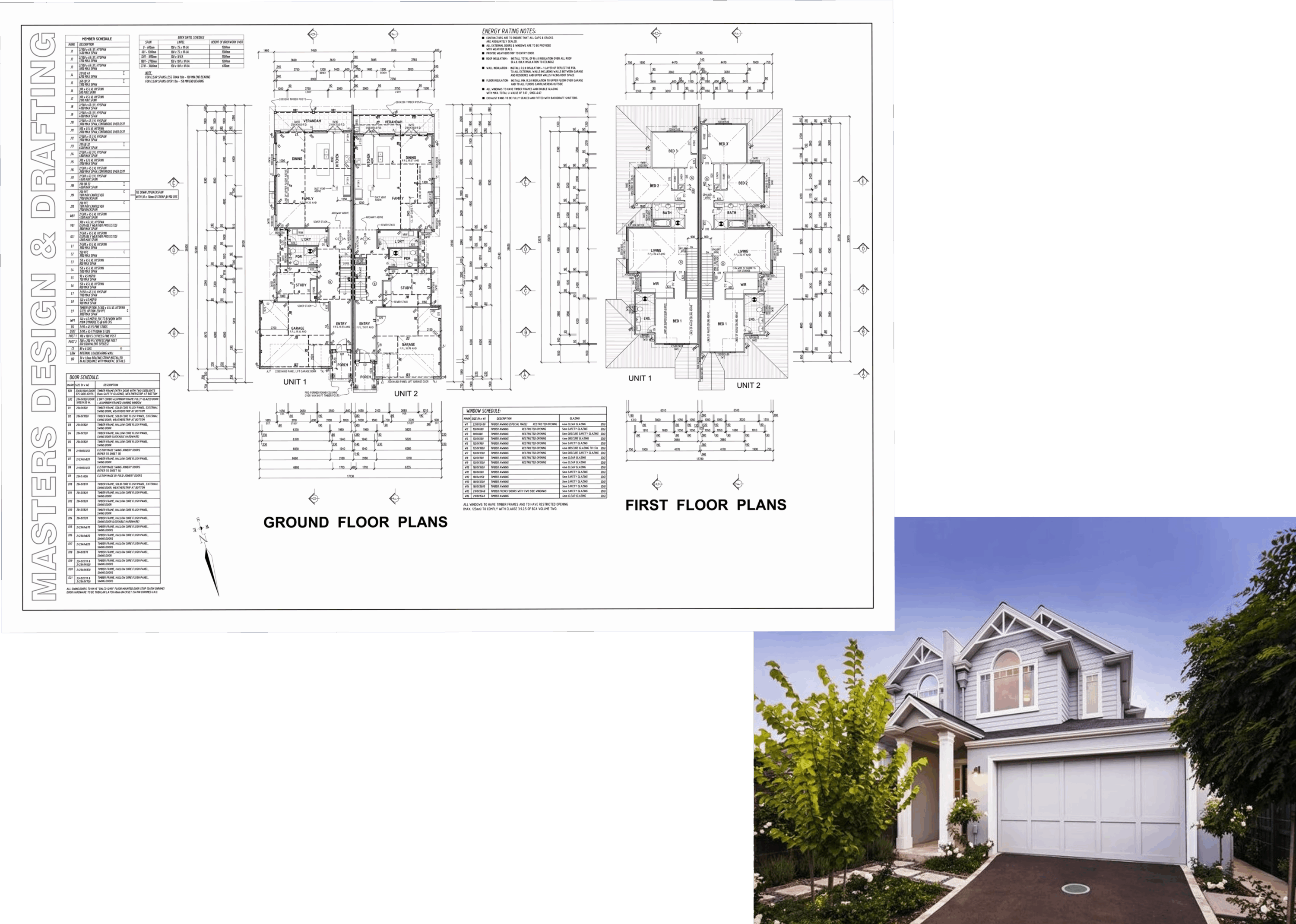 Architectural blueprints of a house alongside its exterior view.